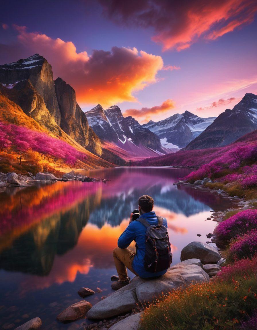 A captivating landscape featuring a photographer with a camera, surrounded by stunning natural scenery including mountains, a lake, and a sunset. Showcase the photographer in action, adjusting their lens with focus and passion. Include a few essential photography tools like a tripod and a camera bag in the foreground. The sky should be vibrant with hues of orange, pink, and purple, enhancing the mood of creativity and inspiration. super-realistic. vibrant colors. dramatic lighting.