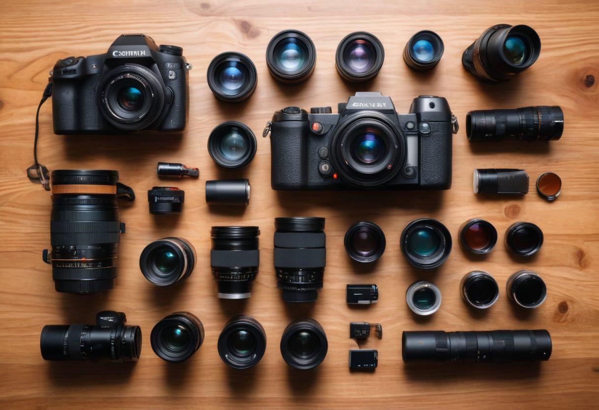 A beautifully arranged flat lay of essential photography accessories, featuring a high-end camera, various lenses, a tripod, and a lens cleaning kit, all on a wooden table. The scene should be illuminated by soft natural light, showcasing a creative blend of colors and textures, with a backdrop of blurred nature elements to suggest outdoor photography. super-realistic. vibrant colors. soft focus.